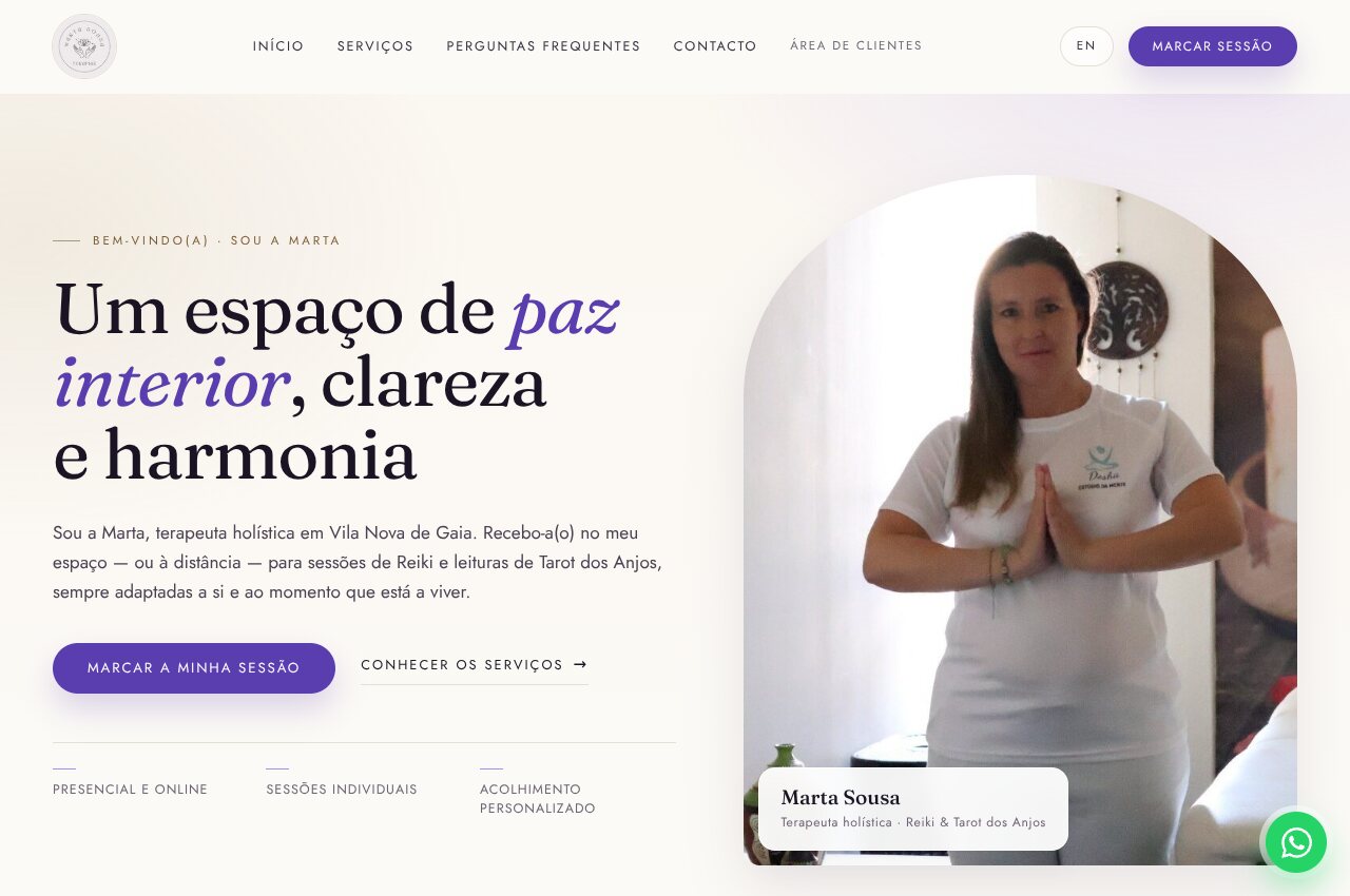 Página inicial de Marta Sousa Terapias, com apresentação dos serviços e fotografia da Marta