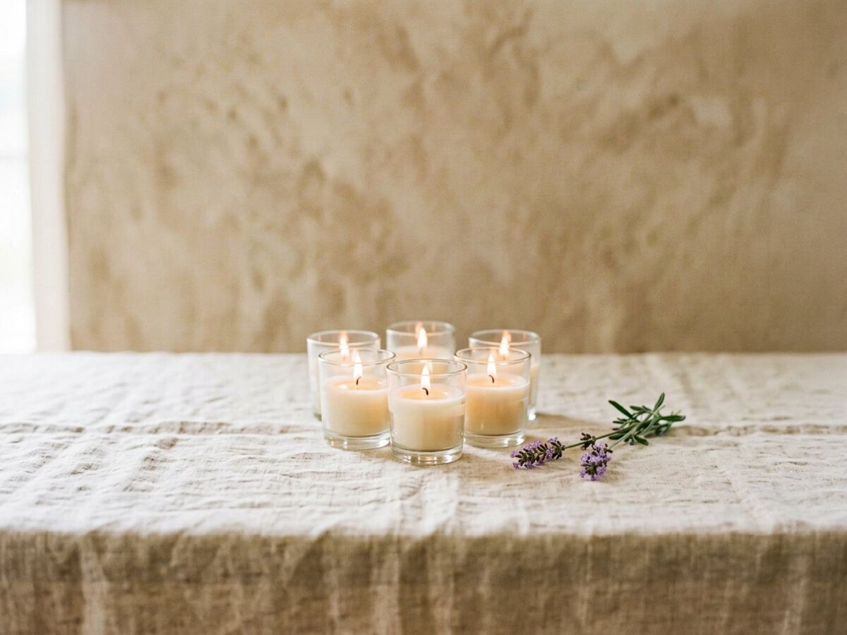 Sala de tratamentos calma, com marquesa de linho, velas acesas e flores de lavanda